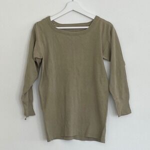 Vintage‎ Distressed Military Thermal Undershirt Ribbed Long Sleeve Olive Khaki